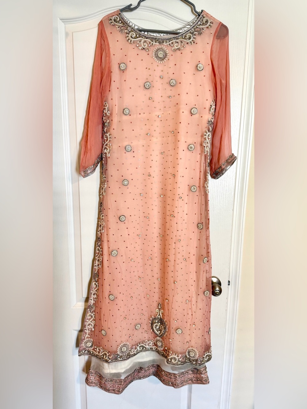 Pure chiffon hand embroidery wedding Indian Pakistani wear Pink,white Long Dress